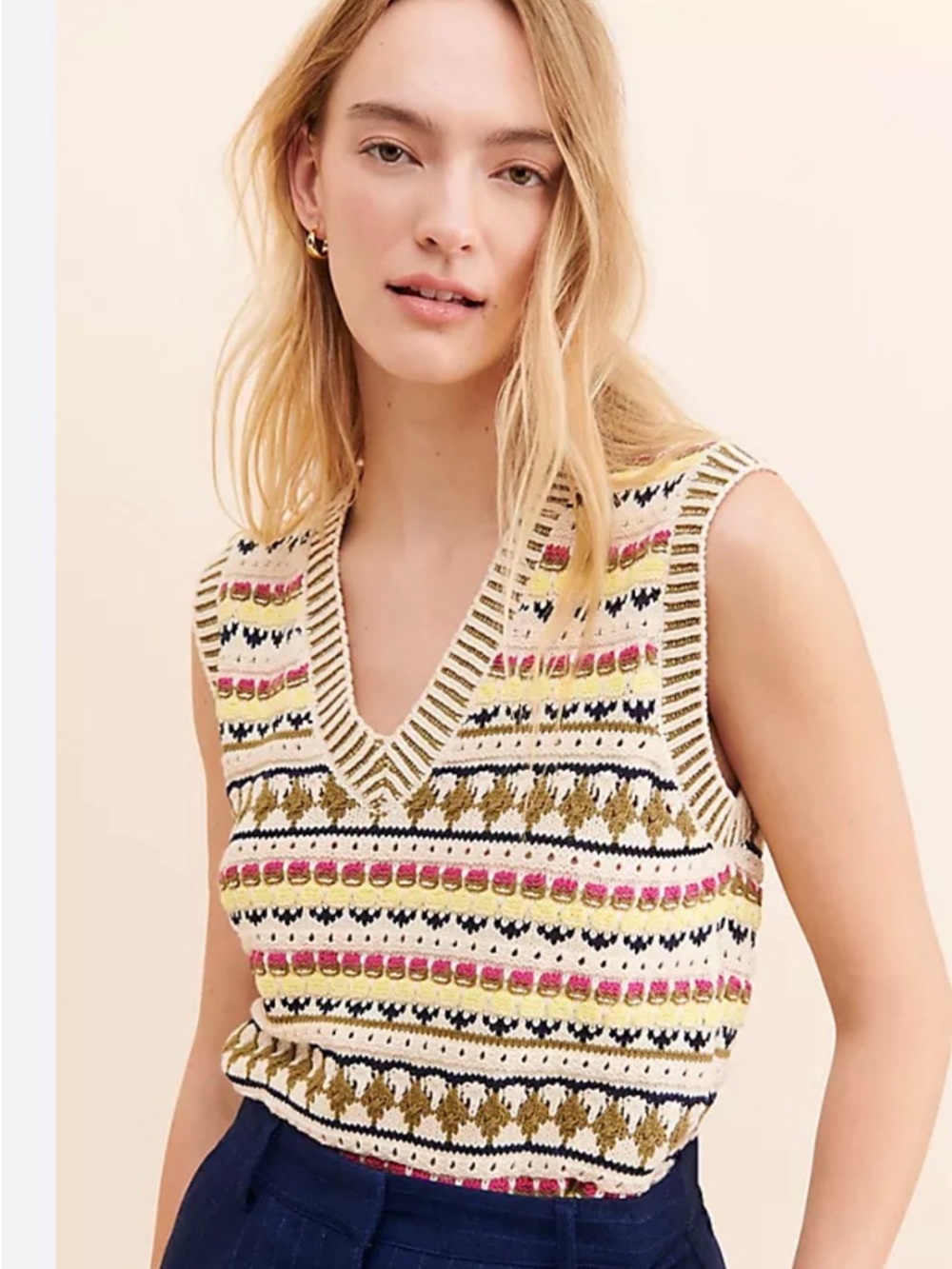 Scotch & Soda Cream Sweater Vest with Pink, Olive & Navy Stripes